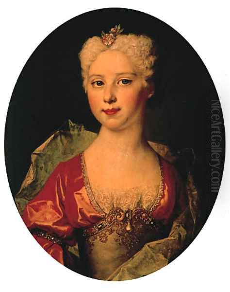 Portrait of Marie-Elisabeth Pommyer (born c.1712), half-length, in a red and grey dress and wrap Oil Painting by Nicolas de Largilliere