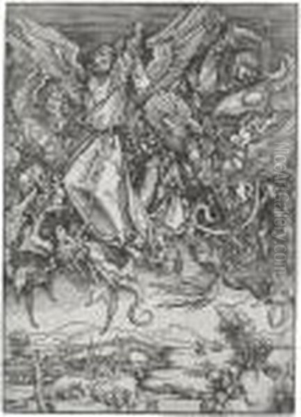 St. Michael Fighting The Dragon (b. 72; M., Holl. 174) Oil Painting by Albrecht Durer