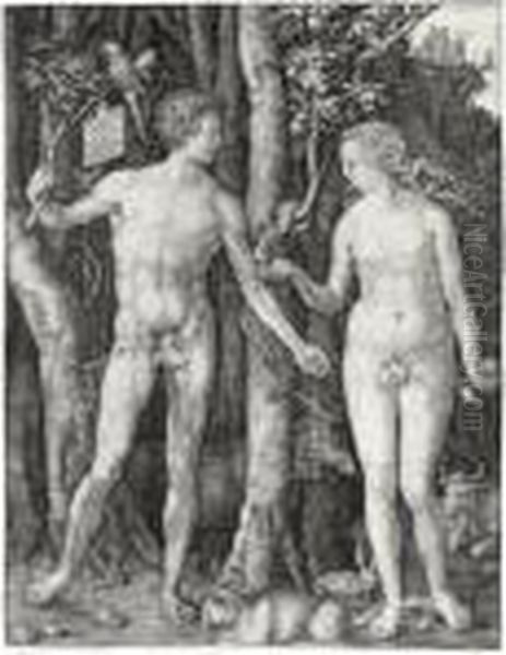 Adam And Eve (b., M., Holl. 1) Oil Painting by Albrecht Durer