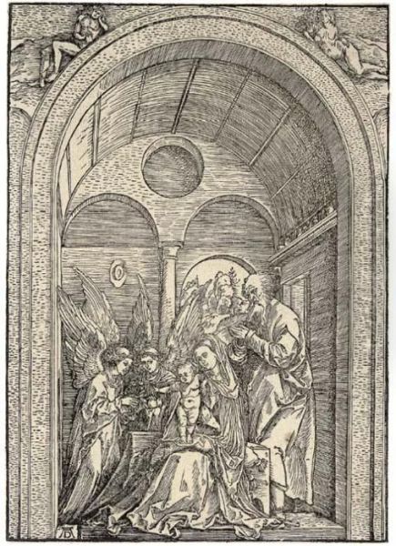 The Holy Family With Two Angels In A Vaulted Hall Oil Painting by Albrecht Durer