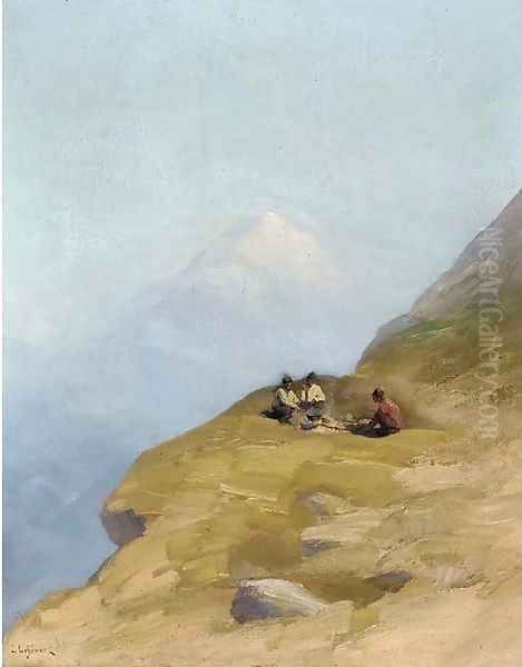 Sherpas round a campfire on a Himalayan mountainside Oil Painting by Lucien Lefevre