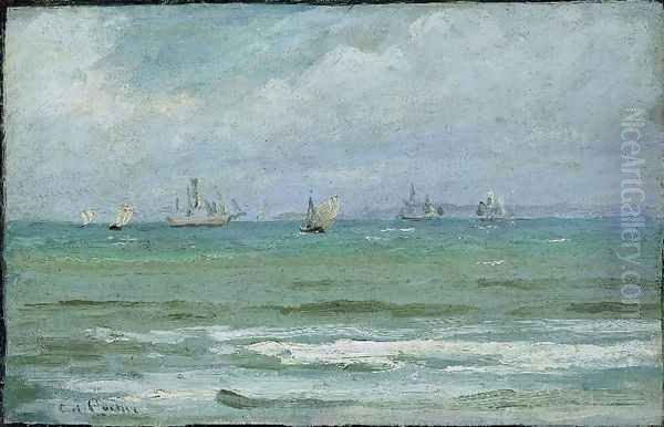 Coastal landscape with sailing ships, probably from Hornbæk Oil Painting by Carl Locher