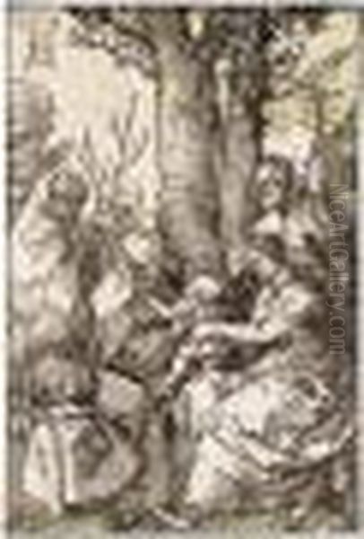 The Holy Family With Joachim And Anna Under A Tree (b.96; M., Holl.215) Oil Painting by Albrecht Durer