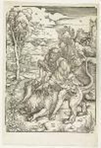 Samson Fighting With The Lion<</b> Oil Painting by Albrecht Durer