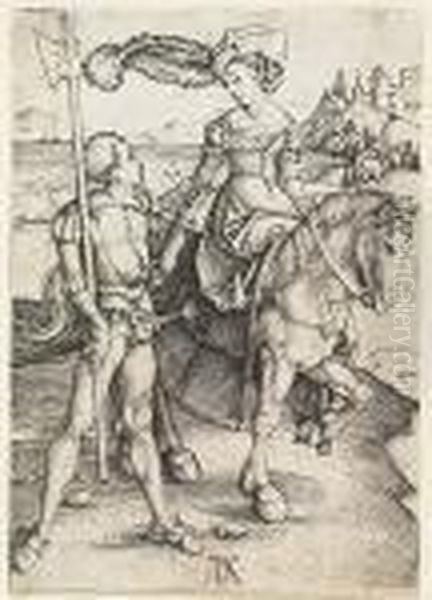 Lady On Horseback And The Lansquenet<</b> Oil Painting by Albrecht Durer