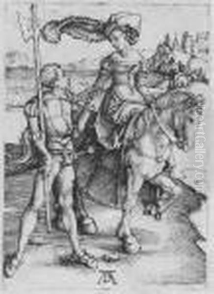 Lady On Horseback And The Lansquenet (b.82; M., Holl.84) Oil Painting by Albrecht Durer