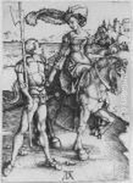 The Lady On Horseback And The Lansquenet (b. 82; M., Holl. 84) Oil Painting by Albrecht Durer