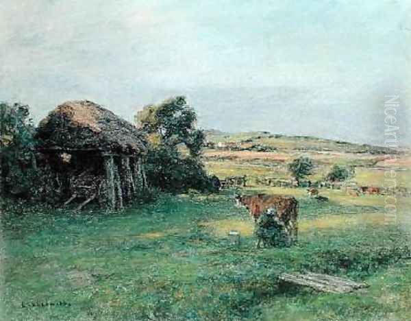 Landscape with a Peasant Woman Milking a Cow Oil Painting by Leon Augustin Lhermitte