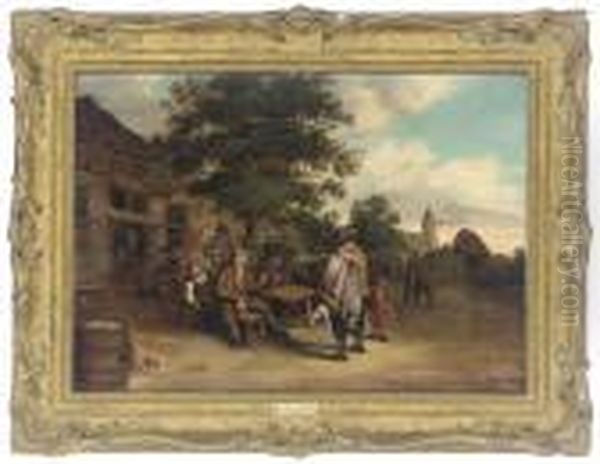 A Village Street With A Fiddler And A Hurdy-gurdy Player Before Aninn With Other Figures Oil Painting by Cornelis Dusart