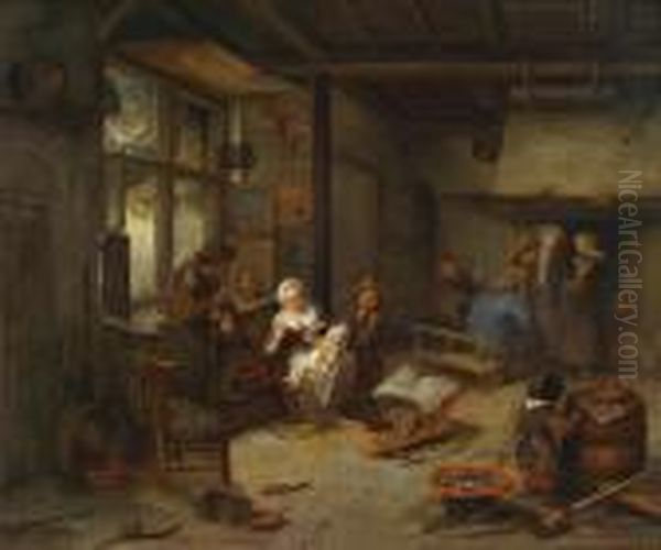 Kitchen Interior With Peasant Figures Oil Painting by Cornelis Dusart