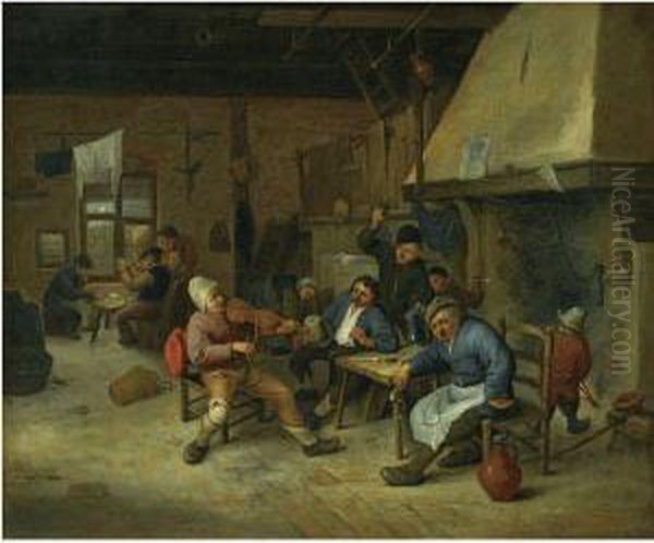 A Tavern Interior With A Fiddler And Peasants Smoking, Drinking Andplaying Cards Oil Painting by Cornelis Dusart