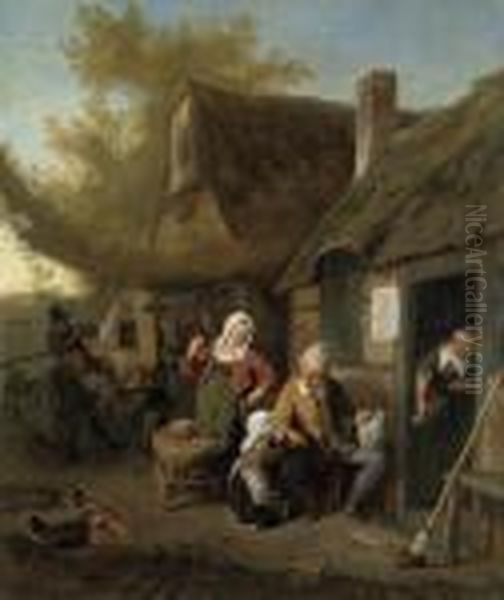 A Peasant Family Outside A Cottage Oil Painting by Cornelis Dusart