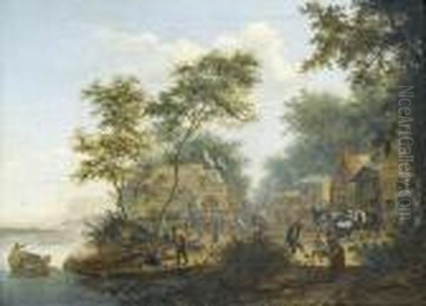 Uferpartie Mit Jahrmarkt-gesellschaft. Oil Painting by Cornelis Dusart