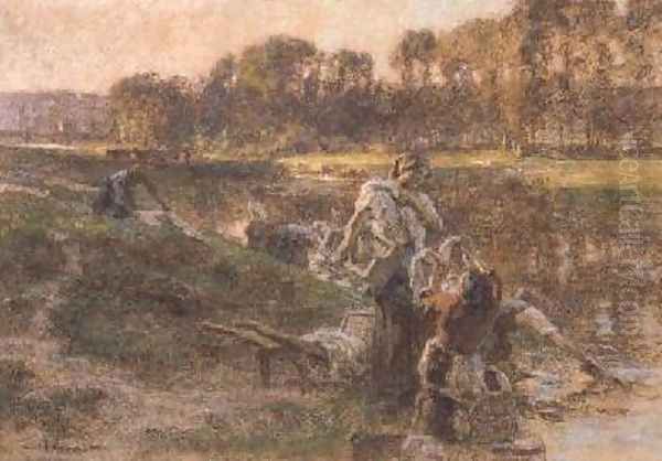 Washerwomen in sunlit river landscape Oil Painting by Leon Augustin Lhermitte