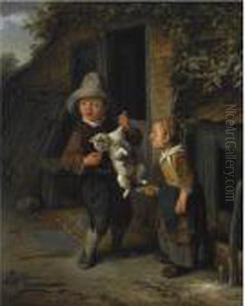 A Young Boy And Girl In Front Of A Cottage, Teasing A Cat Oil Painting by Cornelis Dusart