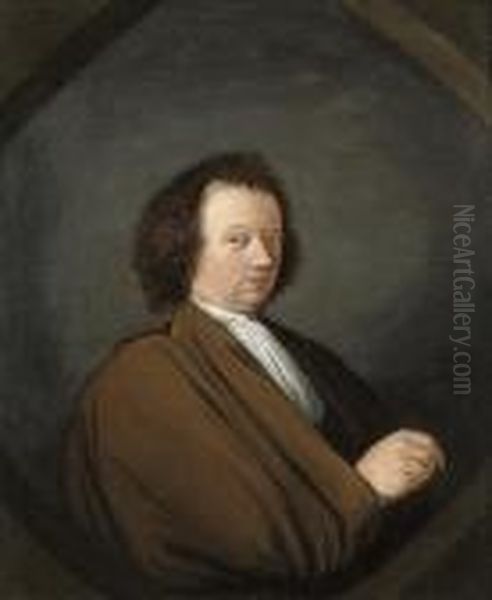 Portrait Of A Gentleman, Half-length, In A Brown Cloak, In Asculpted Niche Oil Painting by Cornelis Dusart