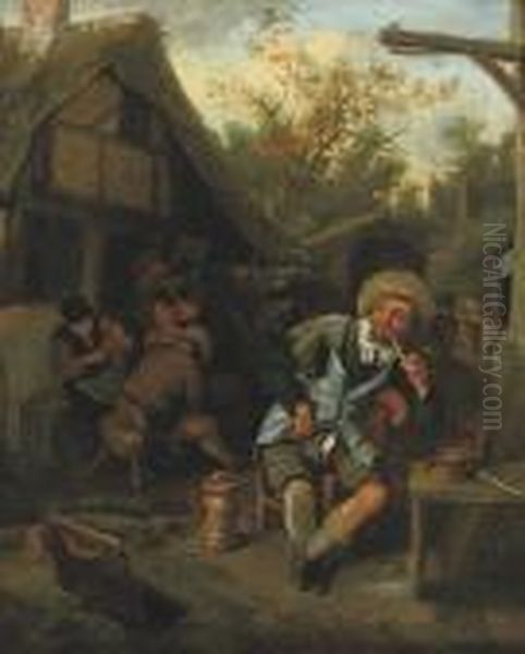 Peasants Smoking And Drinking Outside An Inn Oil Painting by Cornelis Dusart