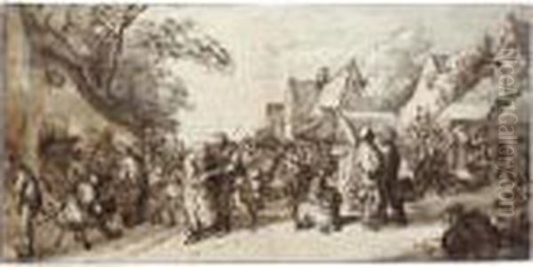 Peasants Merrymaking On A Village Street Oil Painting by Cornelis Dusart