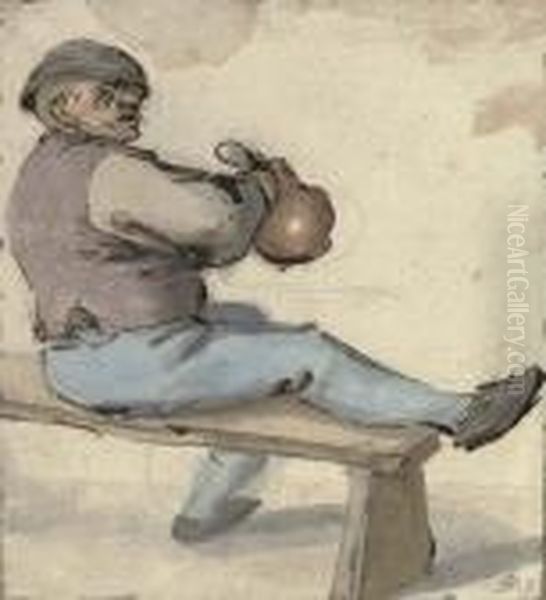 A Seated Drinker Holding An Earthenware Pot Oil Painting by Cornelis Dusart