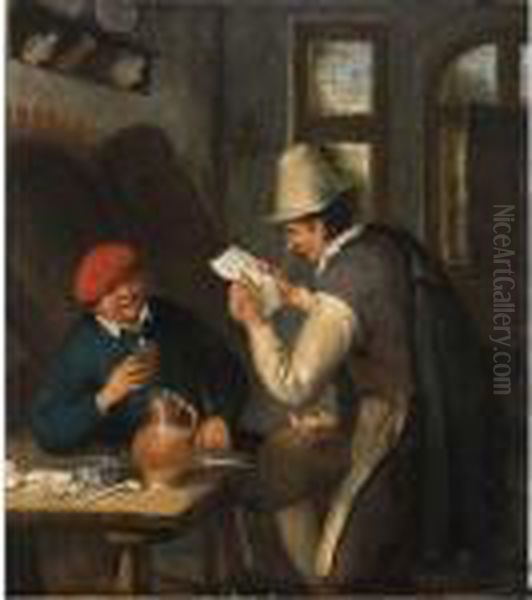 A Notary Reading A Letter To A 
Peasant Seated At A Table, Drinking And Smoking In An Interior Oil Painting by Cornelis Dusart