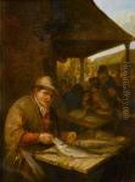 A Fishmonger At A Stall Oil Painting by Cornelis Dusart