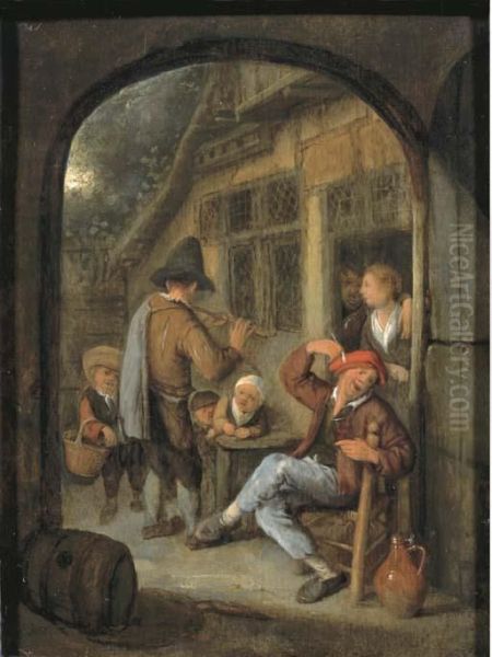 Peasants By A Doorway With A Pipe Player, Through An Open Arch Oil Painting by Cornelis Dusart