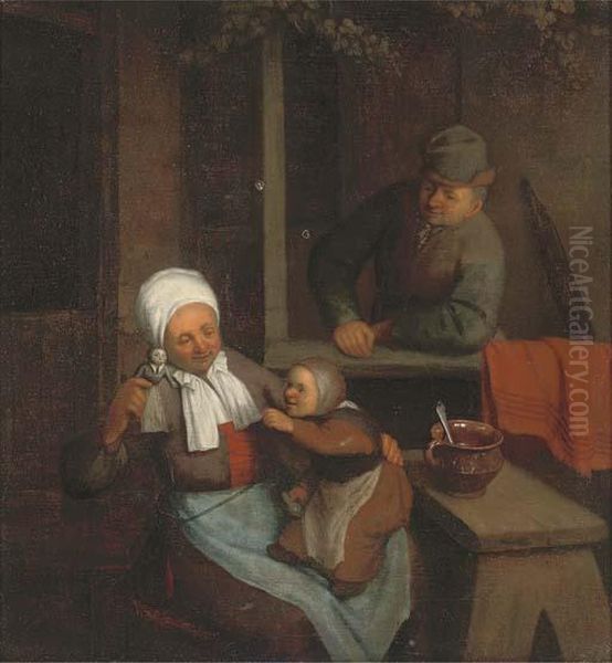 A Family In An Interior Oil Painting by Cornelis Dusart