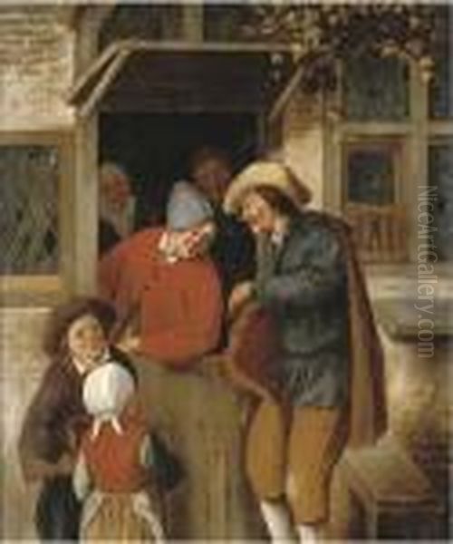 A Peddlar At A Doorway Oil Painting by Cornelis Dusart