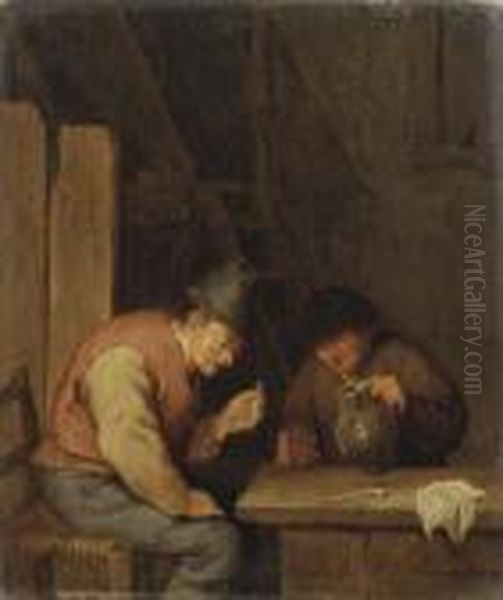 Two Peasants Smoking And Drinking In An Interior Oil Painting by Cornelis Dusart