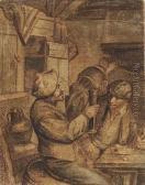 Peasants Drinking And Smoking In An Interior Oil Painting by Cornelis Dusart