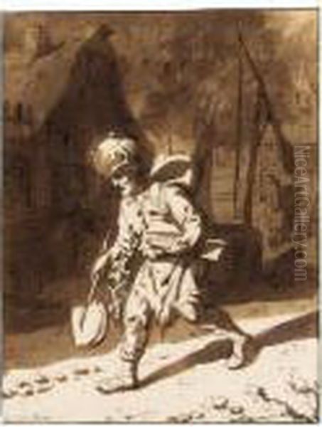 A Tinker Walking Down A Village Street Oil Painting by Cornelis Dusart