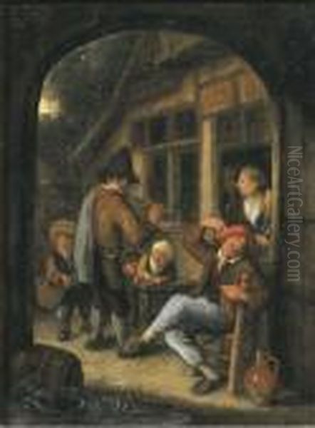 Peasants By A Doorway With A Pipe Player, Through An Openarch Oil Painting by Cornelis Dusart