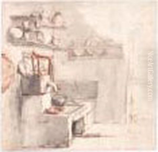 A Corner Of A Kitchen With A Pump And A Sink Oil Painting by Cornelis Dusart