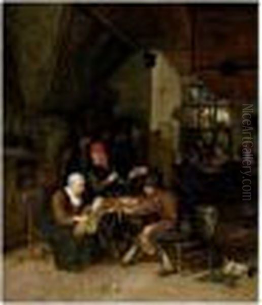 A Tavern Interior Oil Painting by Cornelis Dusart