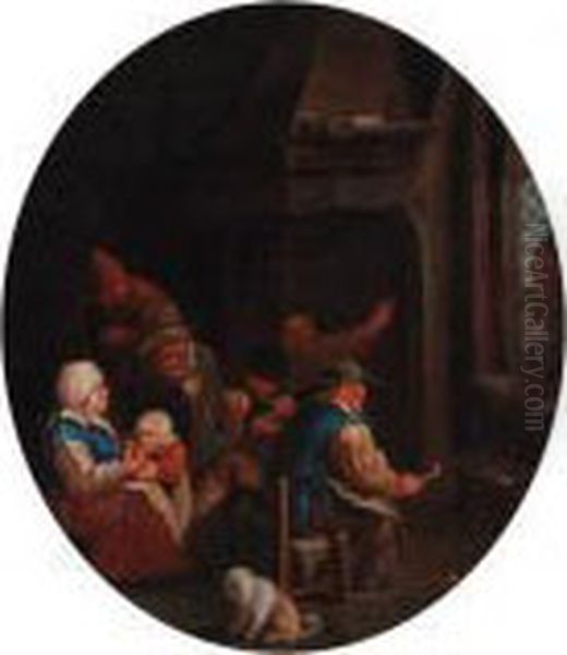 Peasants In An Interior Oil Painting by Cornelis Dusart