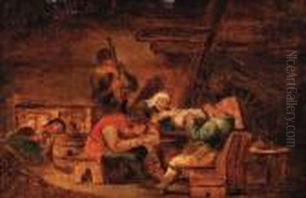 Peasants Making Music In A Cottage Oil Painting by Cornelis Dusart