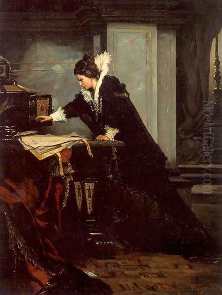 Queen Elisabeth Signs the Condemnation to Death to Mary Stuart 1879 Oil Painting by Sandor Liezen-Mayer