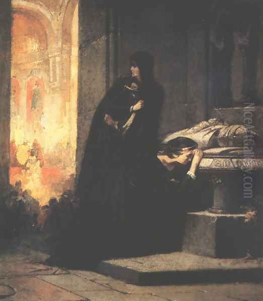 Queens Elisabeth and Mary at the Tomb of King Lajos the Great in 1385 sketch 1862 Oil Painting by Sandor Liezen-Mayer