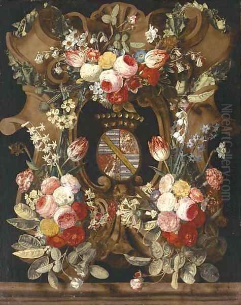 A garland of roses, carnations, snowdrops, honeysuckle, morning glory and other flowers around a stone cartouche with a coat-of-arms Oil Painting by Frans Luyckx