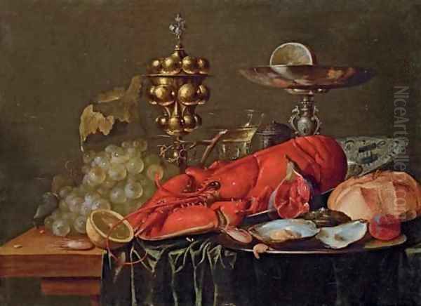 A lobster on a blue and white porcelain platter, oysters, a shrimp, a plum and a fig on a pewter plate, a bread roll, a pewter tazza, a gold stand and Oil Painting by Frans Luyckx