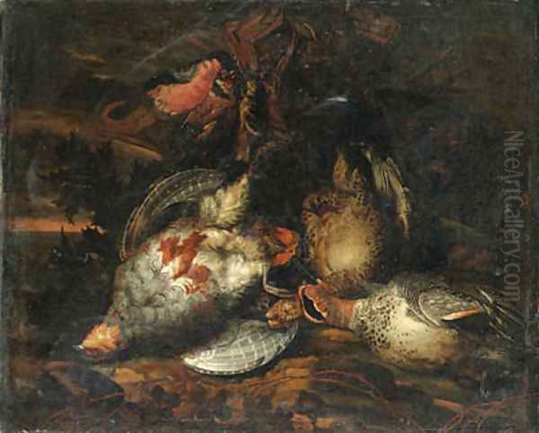 Partridge, a brace of teal, a bullfinch, a goldfinch, a bluetit and other dead birds in a landscape Oil Painting by Frans Luyckx