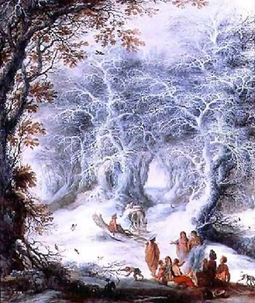 Winter Landscape with a Gypsy Encampment Oil Painting by Gijsbrecht Leytens