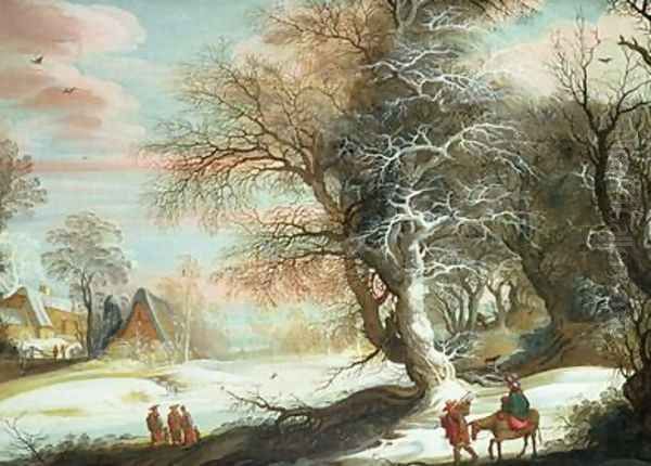 Wooded winter landscape with Flight into Egypt Oil Painting by Gijsbrecht Leytens