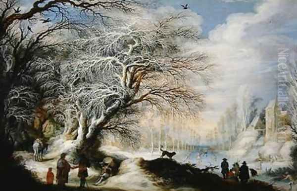 Skaters on a Canal or Winter Landscape Oil Painting by Gijsbrecht Leytens