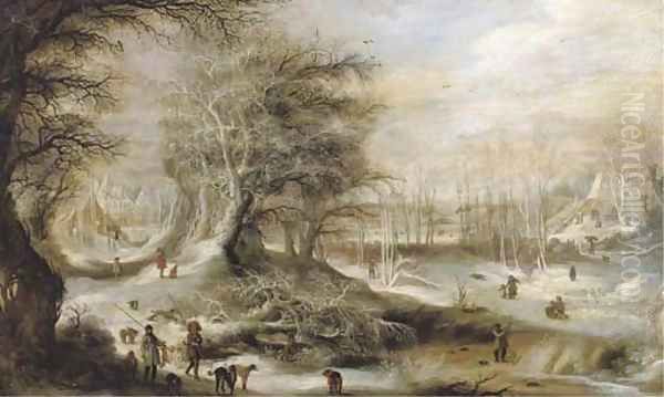 A winter landscape with hunters on a forest track and children playing on a frozen river, villages beyond Oil Painting by Gijsbrecht Leytens