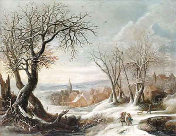 A winter landscape with peasants, a village beyond Oil Painting by Gijsbrecht Leytens