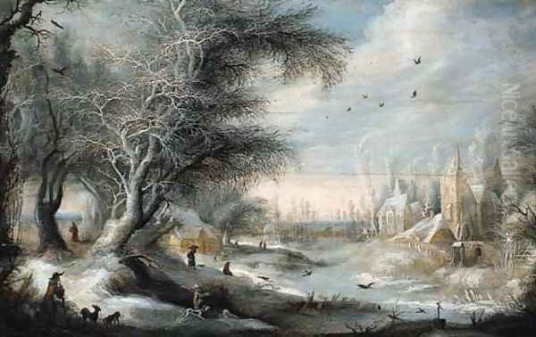 A winter landscape with sportsmen on a forest track near a village, peasants nearby Oil Painting by Gijsbrecht Leytens