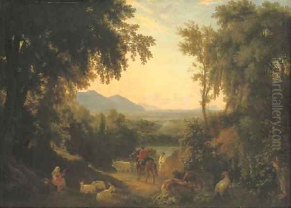 An Italianate landscape, with peasants and livestock in the foreground Oil Painting by William Linton