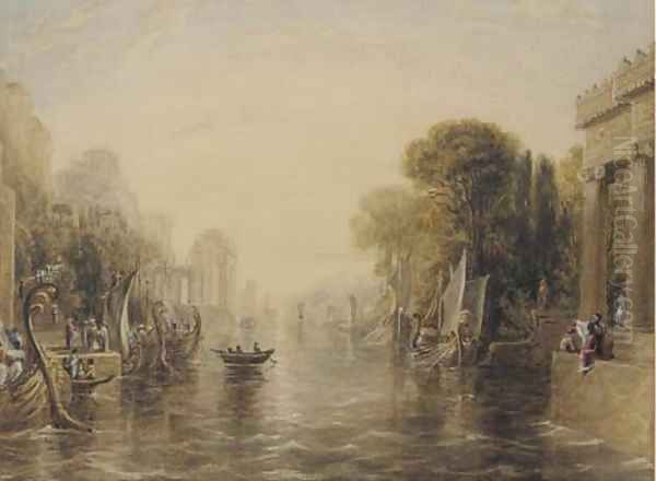 Classical figures in an arcadian landscape Oil Painting by William Linton