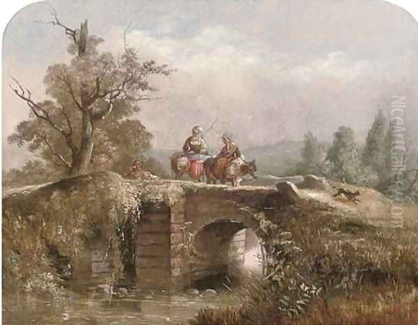 Figures crossing a bridge Oil Painting by William Linton